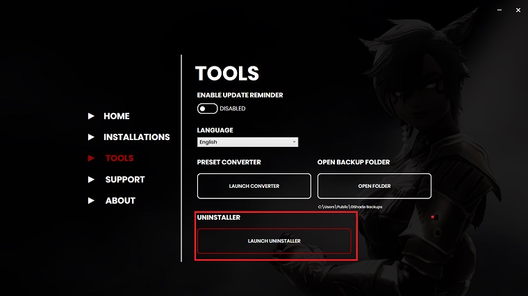 GShade's built-in uninstaller in GShade Control Panel