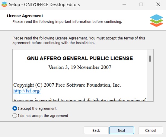 OnlyOffice Terms of Agreement step during installation