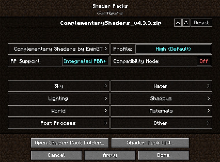 Individual Shader Pack settings