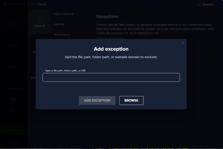 Add file path or URL to Avast Exception