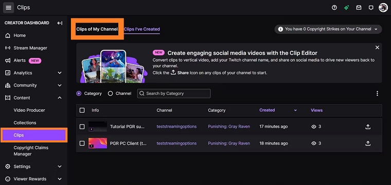 Click on Clips of My Channel tab to download twitch clips