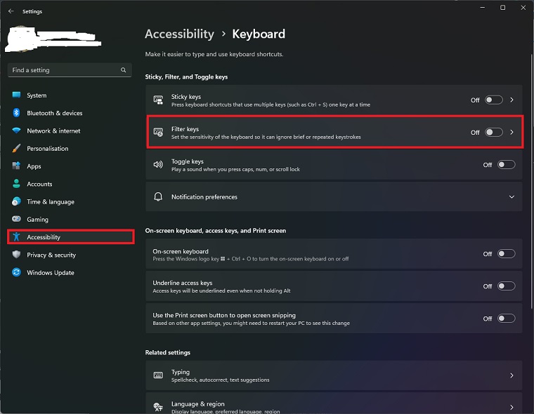 Disable Filter Keys to Fix Windows Key Not Working on Windows 11/10