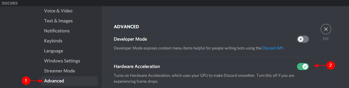 Disable Hardware Acceleration to fix discord screen share black screen