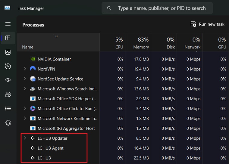 Ending all three processes of LGHUB