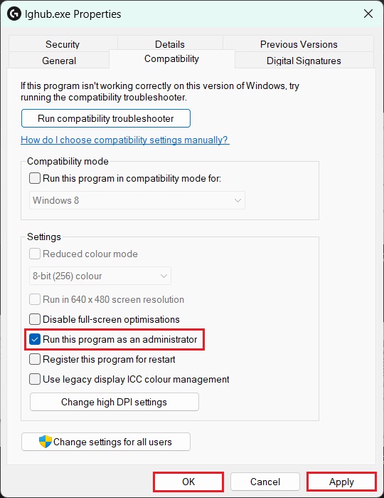Setting Logitech G HUB to run as Admin.