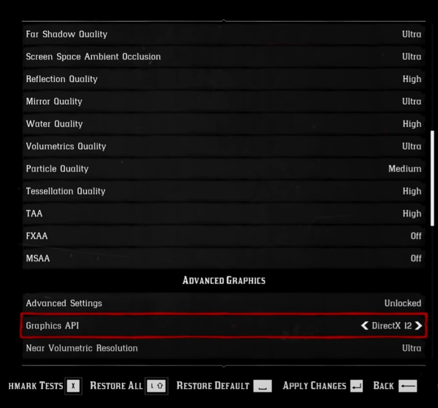 Red Dead Redemption 2 in-game advanced graphics menu and graphics API menu.