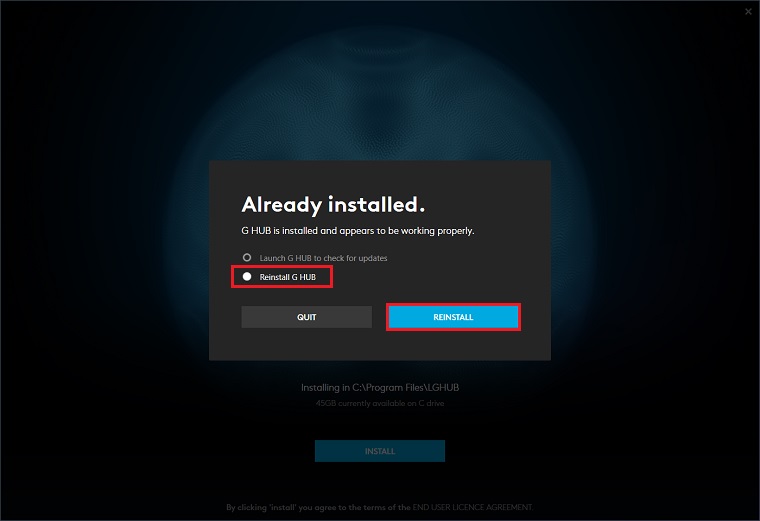 Logitech G HUB's reinstall option