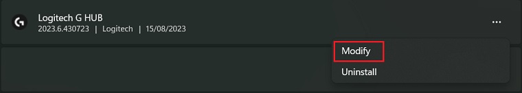 Logitech G HUB in Add or Remove Programs Menu