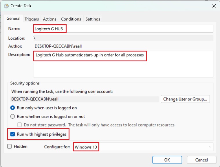 Creating task with Task Schedular to automate Logitech G Hub processes launch pic 1