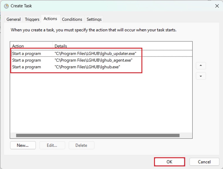 Creating task with Task Schedular to automate Logitech G Hub processes launch pic 3