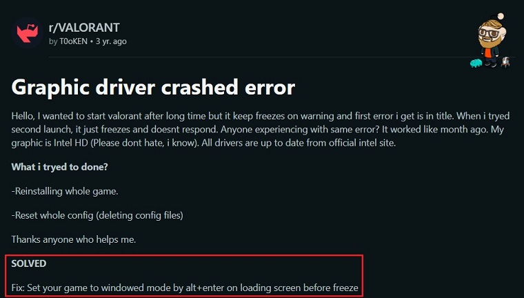 Windowed mode fix to Graphics Driver Crashed error.