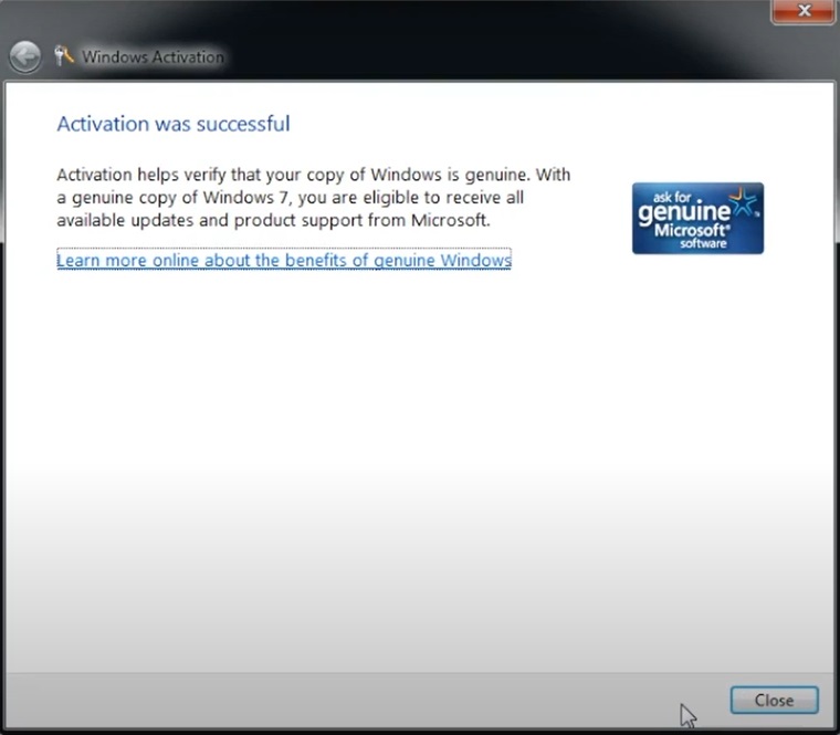 Windows 7 successful activated using legal product key.
