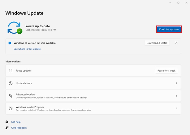 Windows Update menu