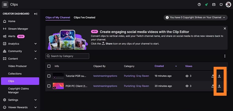 click the download button to donwload twitch clips