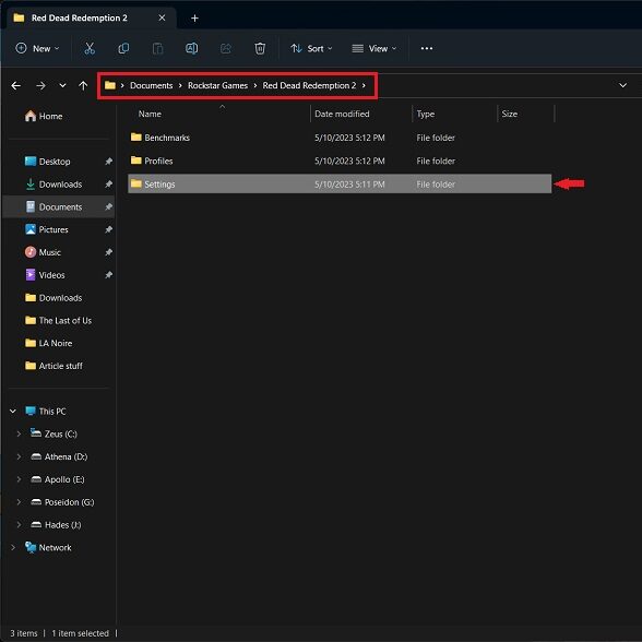 Red Dead Redemption 2 settings folder directory path.